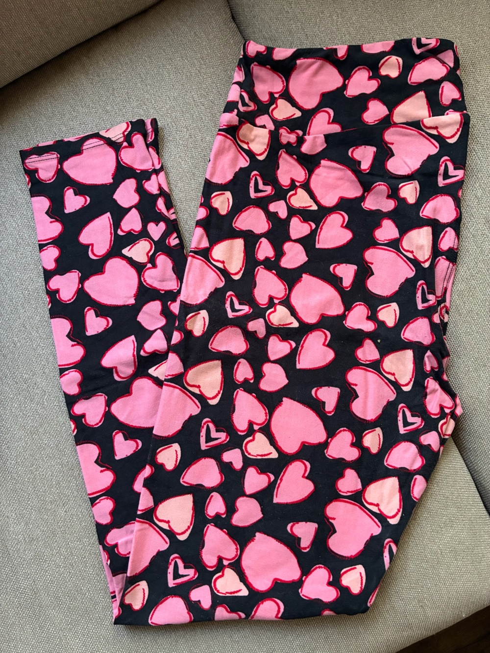 LuLaRoe Black Leggings with Pink Heart Print